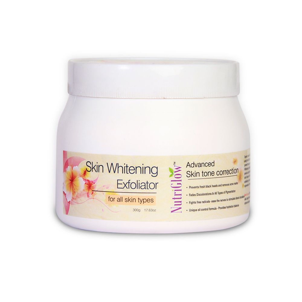 Skin whitening exfoliator jar with Nutriglow branding on a white background