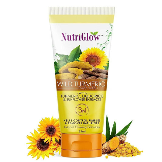 NutriGlow Wild Turmeric face wash tube with turmeric, liquorice, and sunflower extracts on a white background.