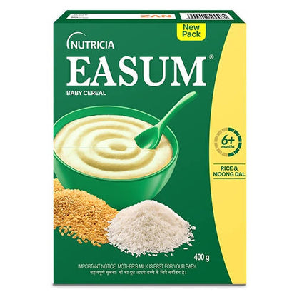 Nutricia Easum baby cereal packaging with green and yellow design.