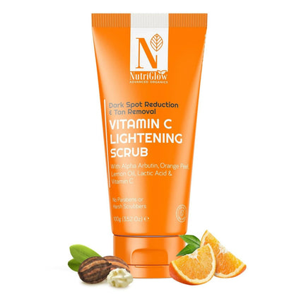 Orange tube of Nutriglow Vitamin C Lightening Scrub with ingredients on a white background