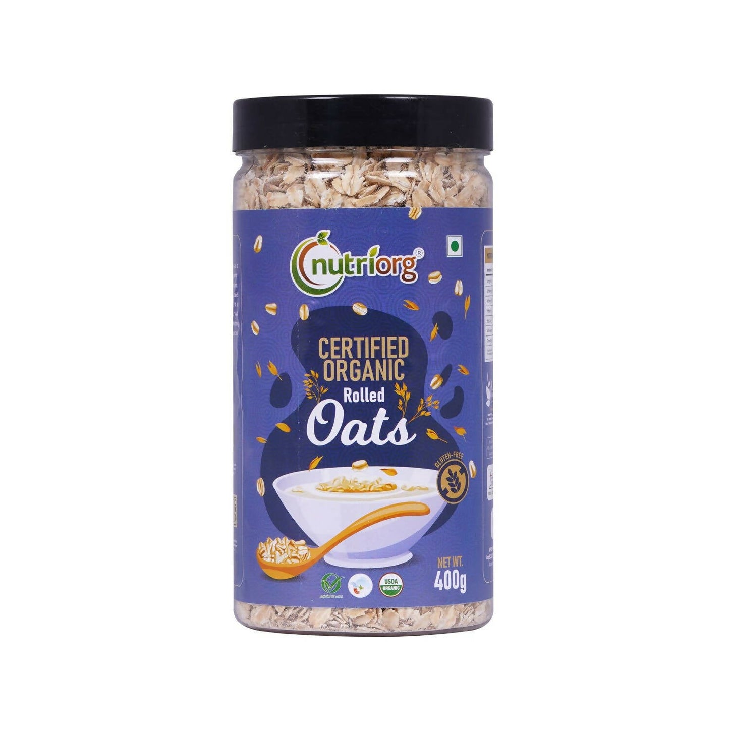 Jar of certified organic rolled oats with Nutriforg branding on a white background