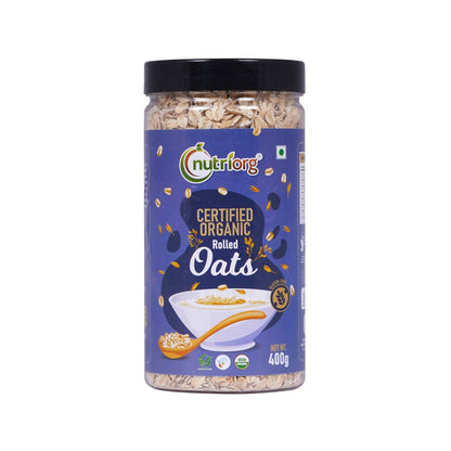 Jar of certified organic rolled oats with Nutriforg branding on a white background