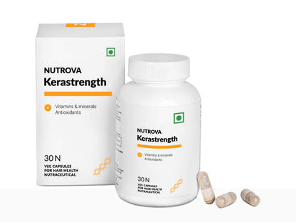 Nuprova Kerastrength supplement bottle and packaging on a white background