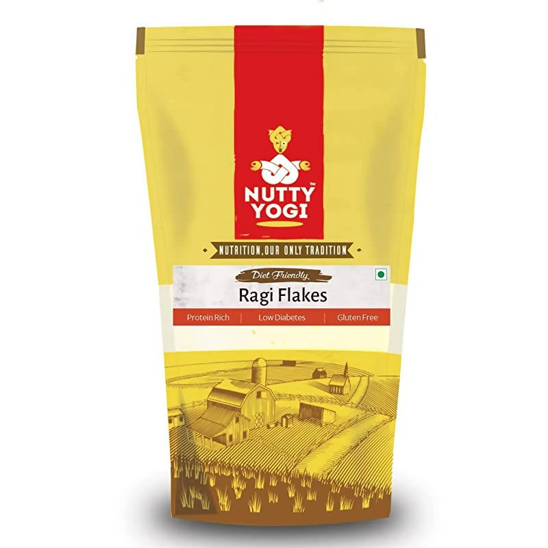 Nutty Yogi Ragi Flakes packaging on a white background