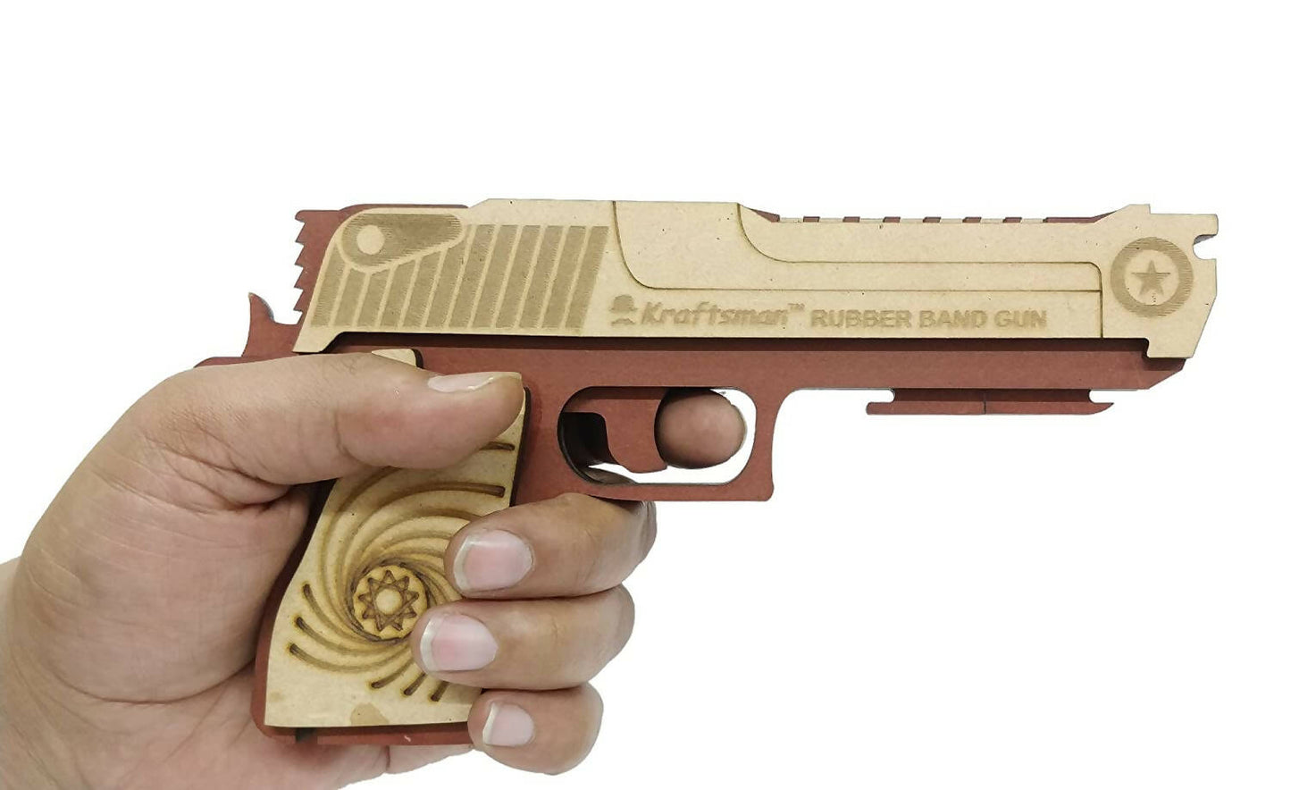 Kraftsman Kraftsman Semi-Automatic Wooden Rubber Band Shooting Gun Toys for Kids & Adults with Target | 5 Rapid Fire Shots (Dark Brown)