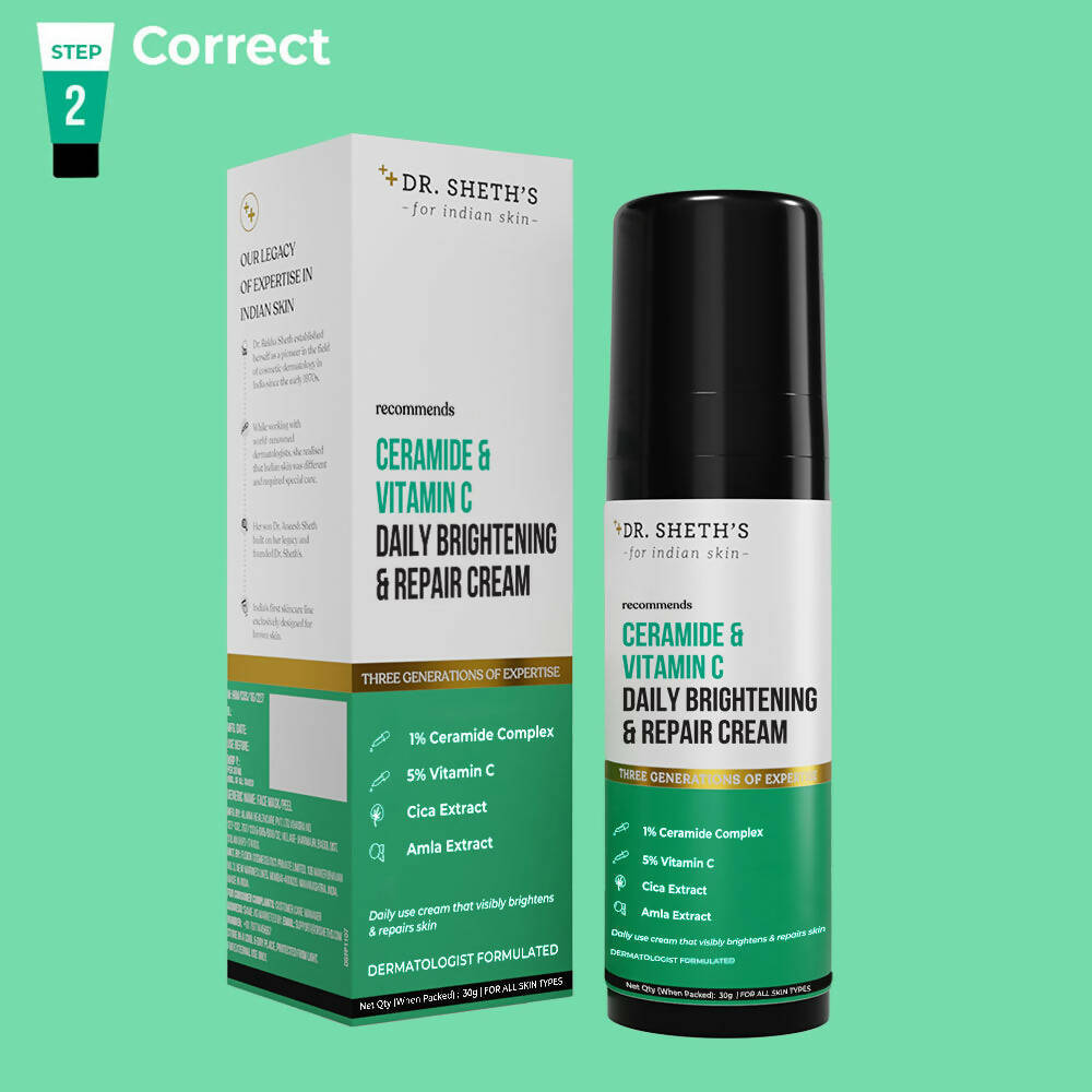 Dr. Sheth's Ceramide & Vitamin C Daily Brightening & Repair Face Cream With 5% Vitamin C, Cica & Amla, Brightens & Repairs Skin - Limited Time Offer