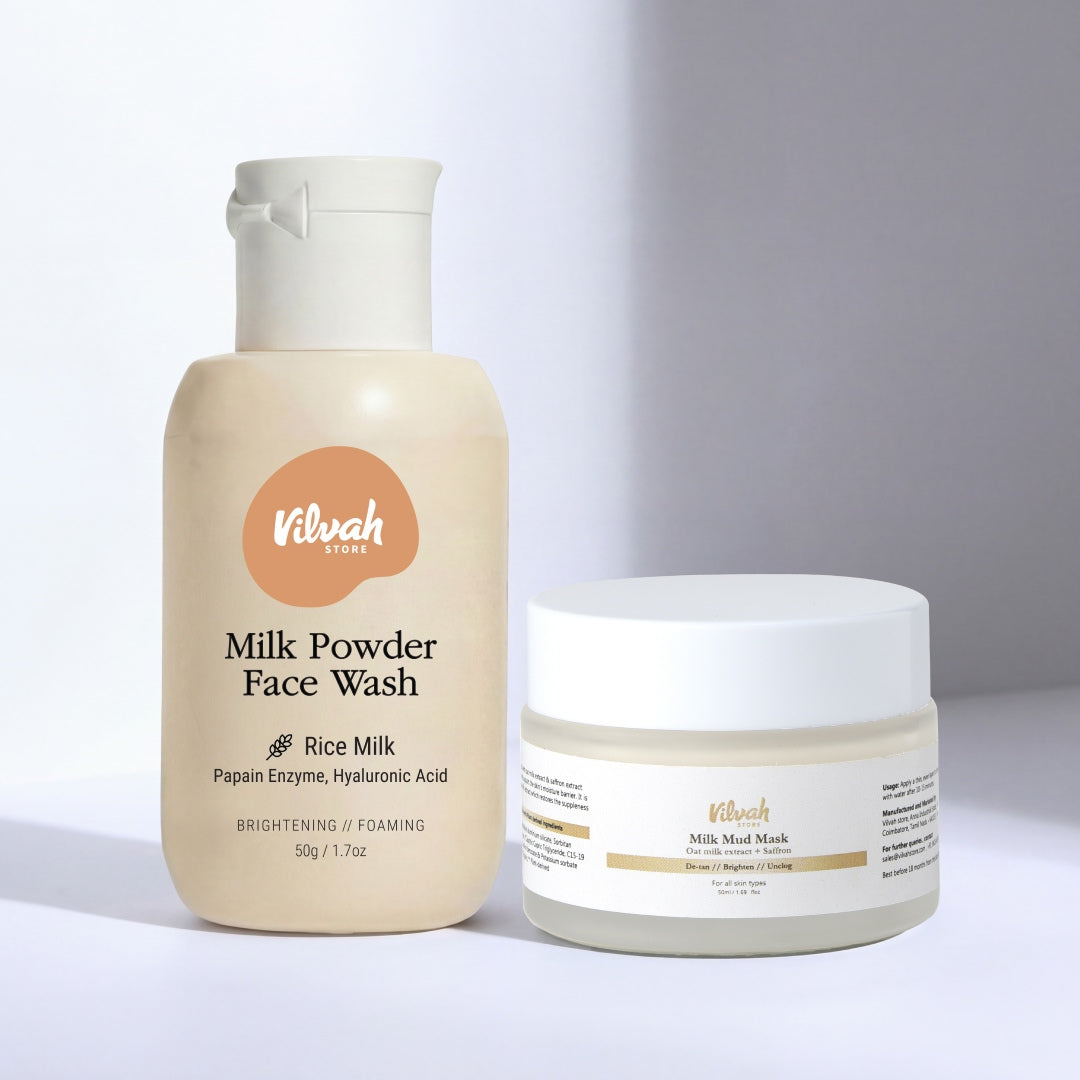Vilvah Milk Powder Face Wash and Milk Mud Mask on a light gray background
