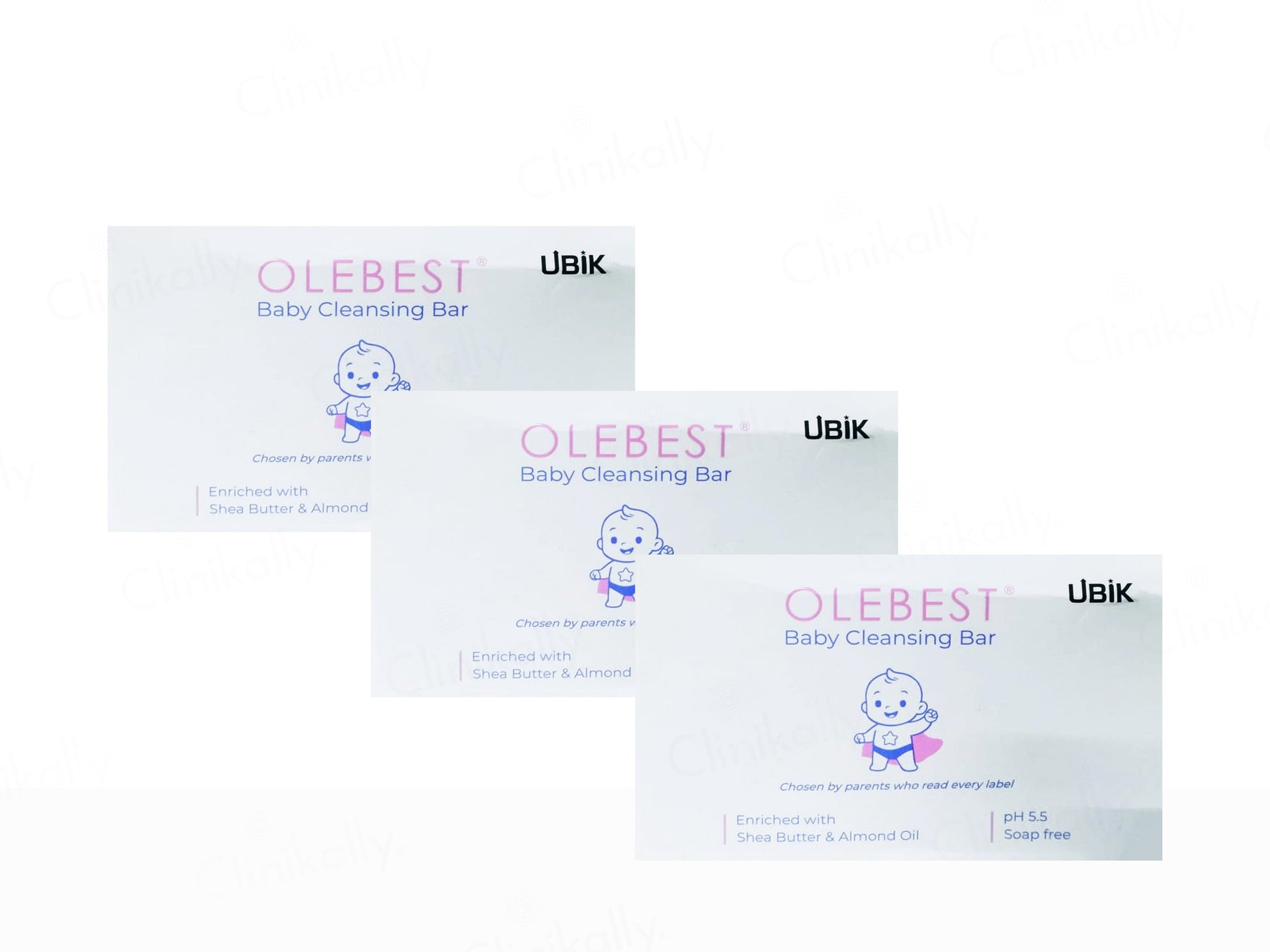 Three boxes of Olebest Baby Cleansing Bar by Ubik on a white background