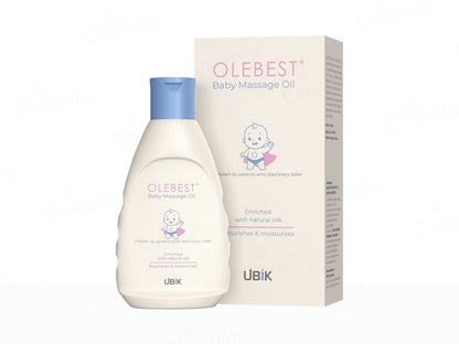 OLEBEST baby massage oil bottle and packaging on a white background