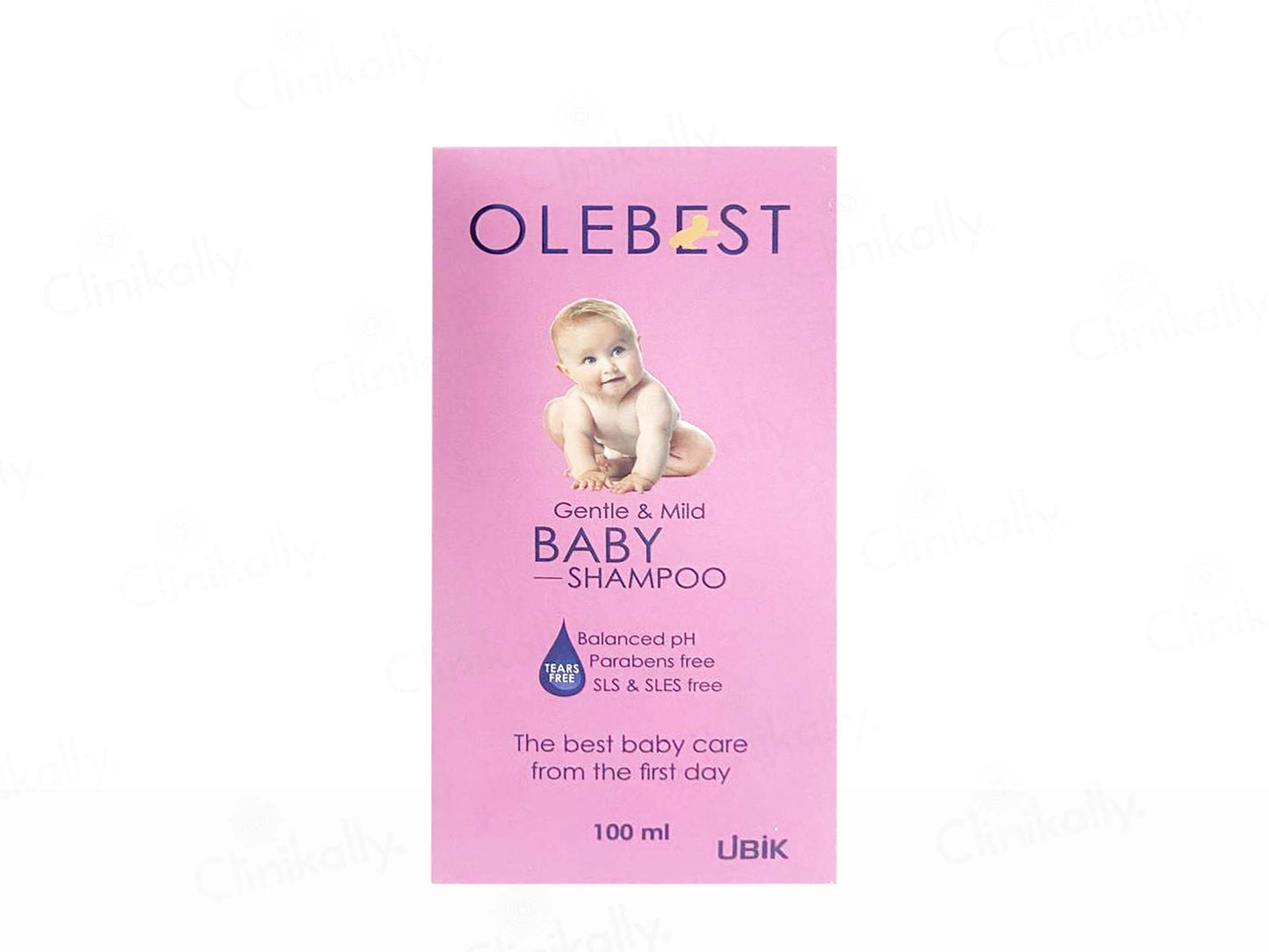 Olebest baby shampoo packaging with a pink background and baby illustration.
