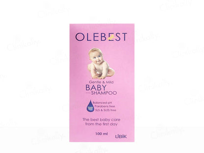 Olebest baby shampoo packaging with a pink background and baby illustration.