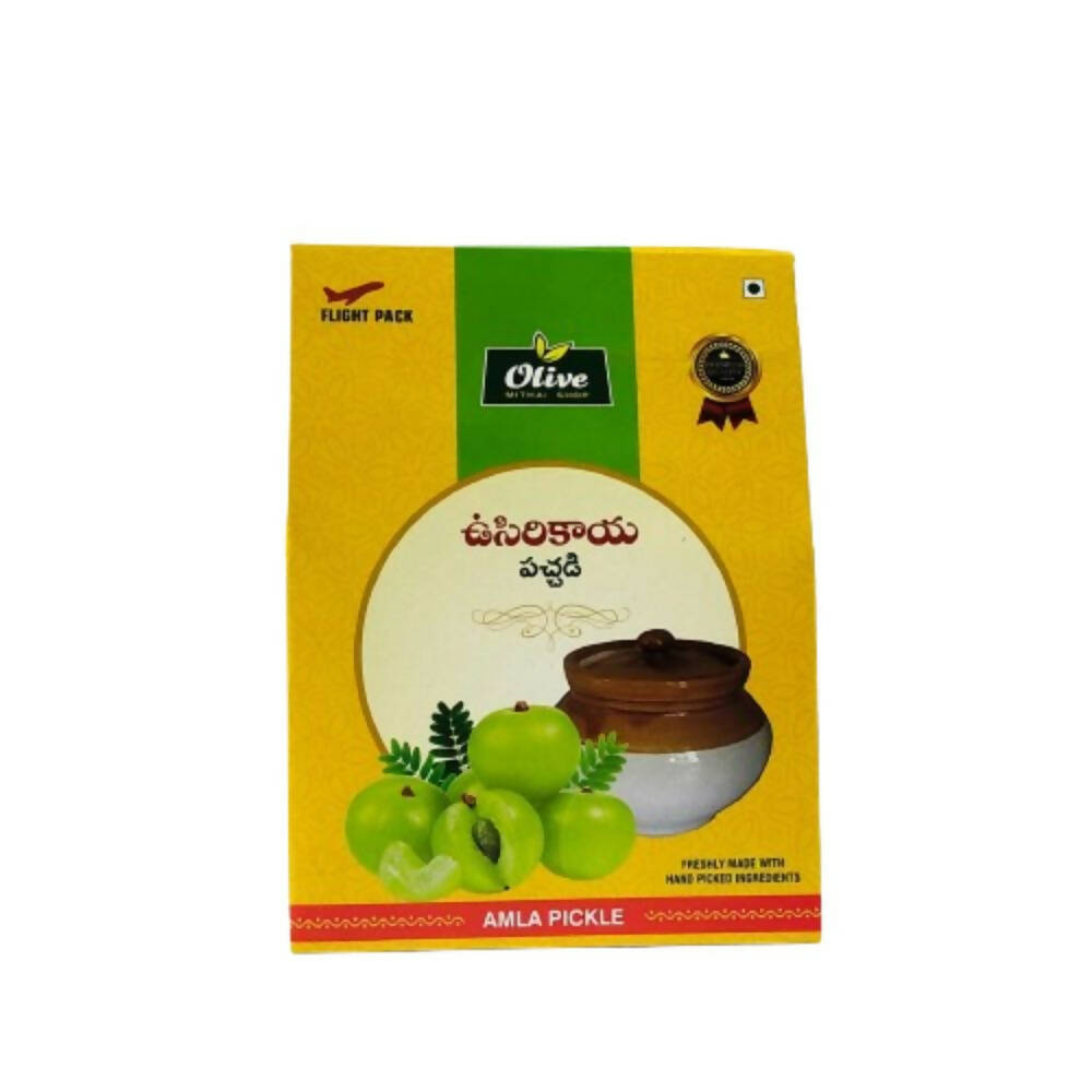 Olive Amla Pickle packaging with green and yellow design on a white background