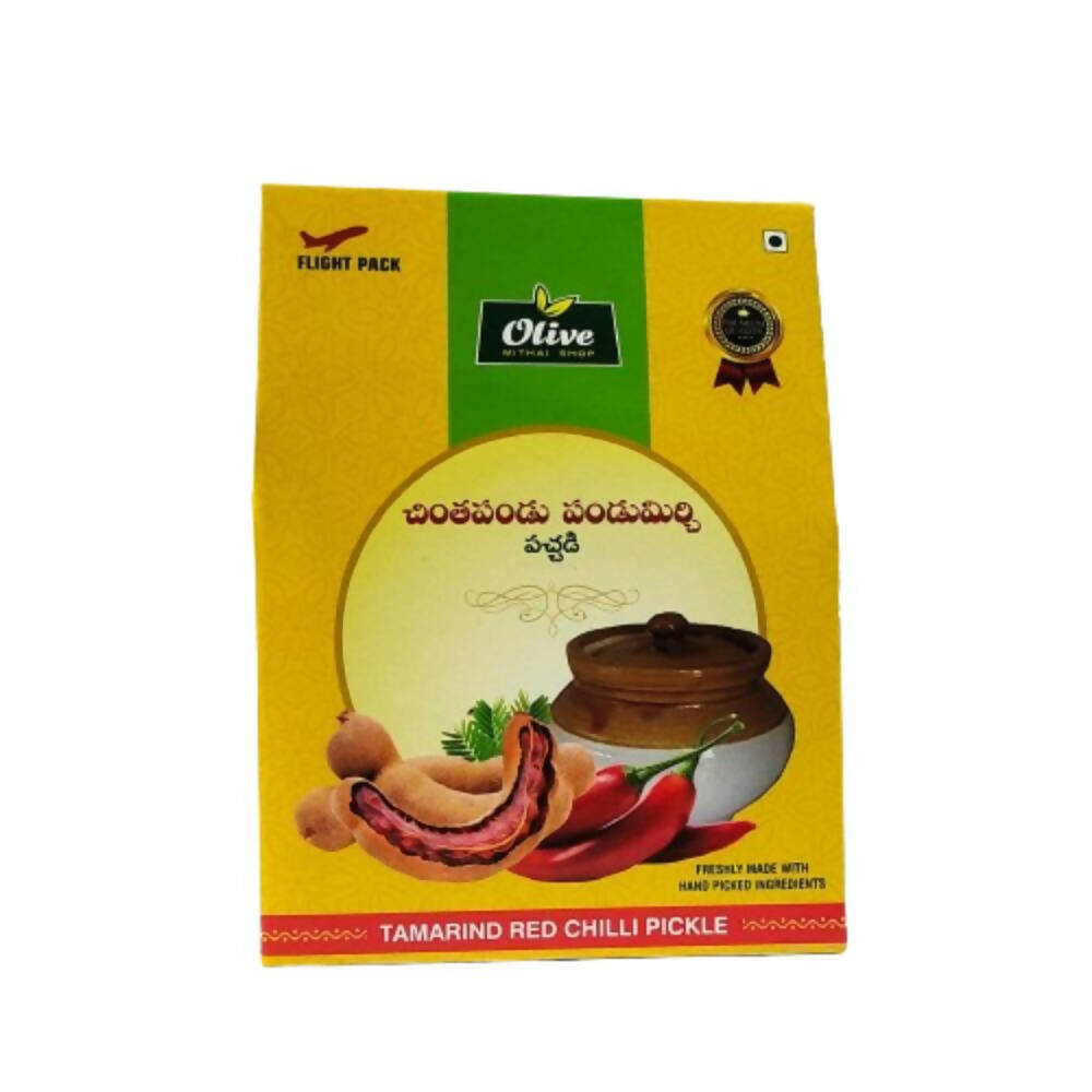 Packaging of Tamarind Red Chilli Pickle with Olive brand logo on a white background