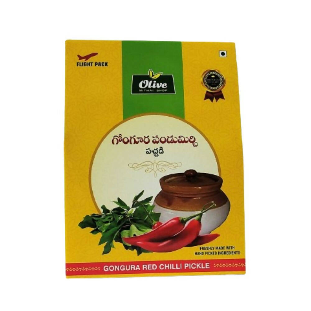 Packaging of Gongura Red Chilli Pickle with Olive brand logo on a yellow background