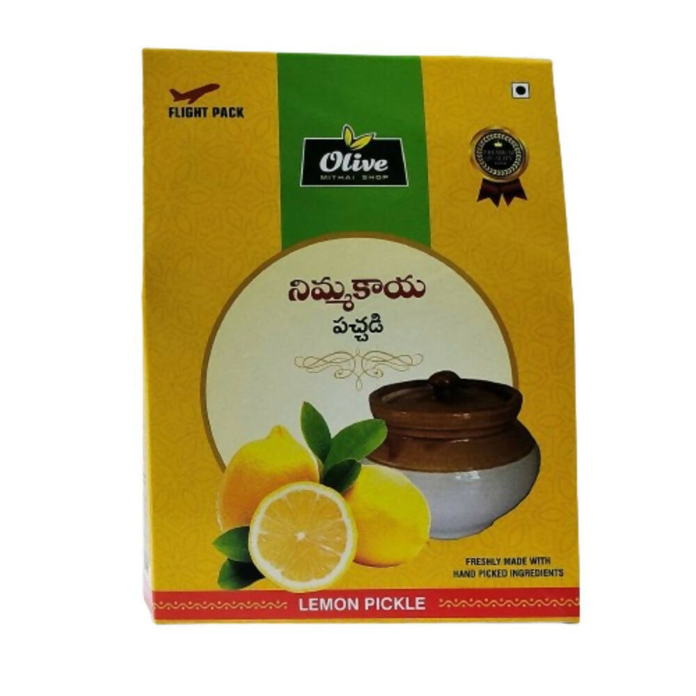 Packaging of Lemon Pickle with Olive brand logo on a yellow background