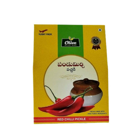 Packaging of Red Chilli Pickle with Olive brand logo on a yellow background