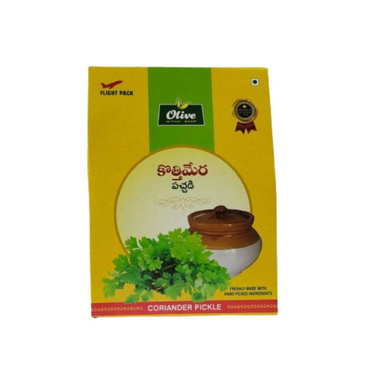 Coriander pickle packaging with Olive brand logo on a yellow background