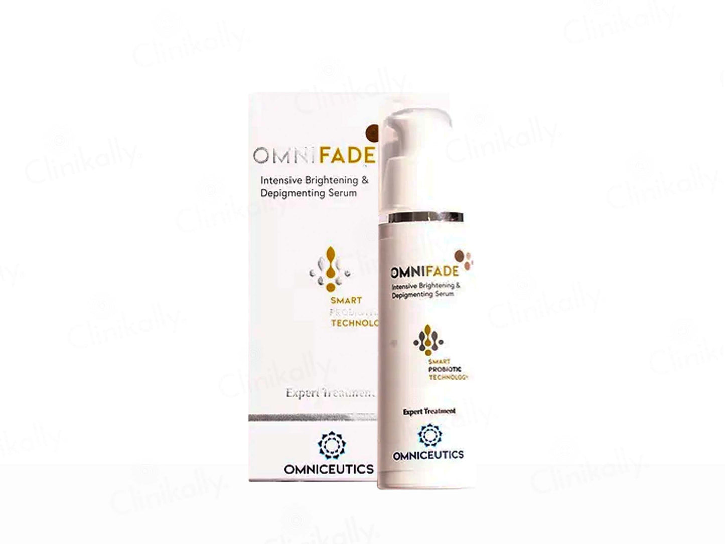 Omnifade intensive brightening and depigmenting serum with packaging on a white background