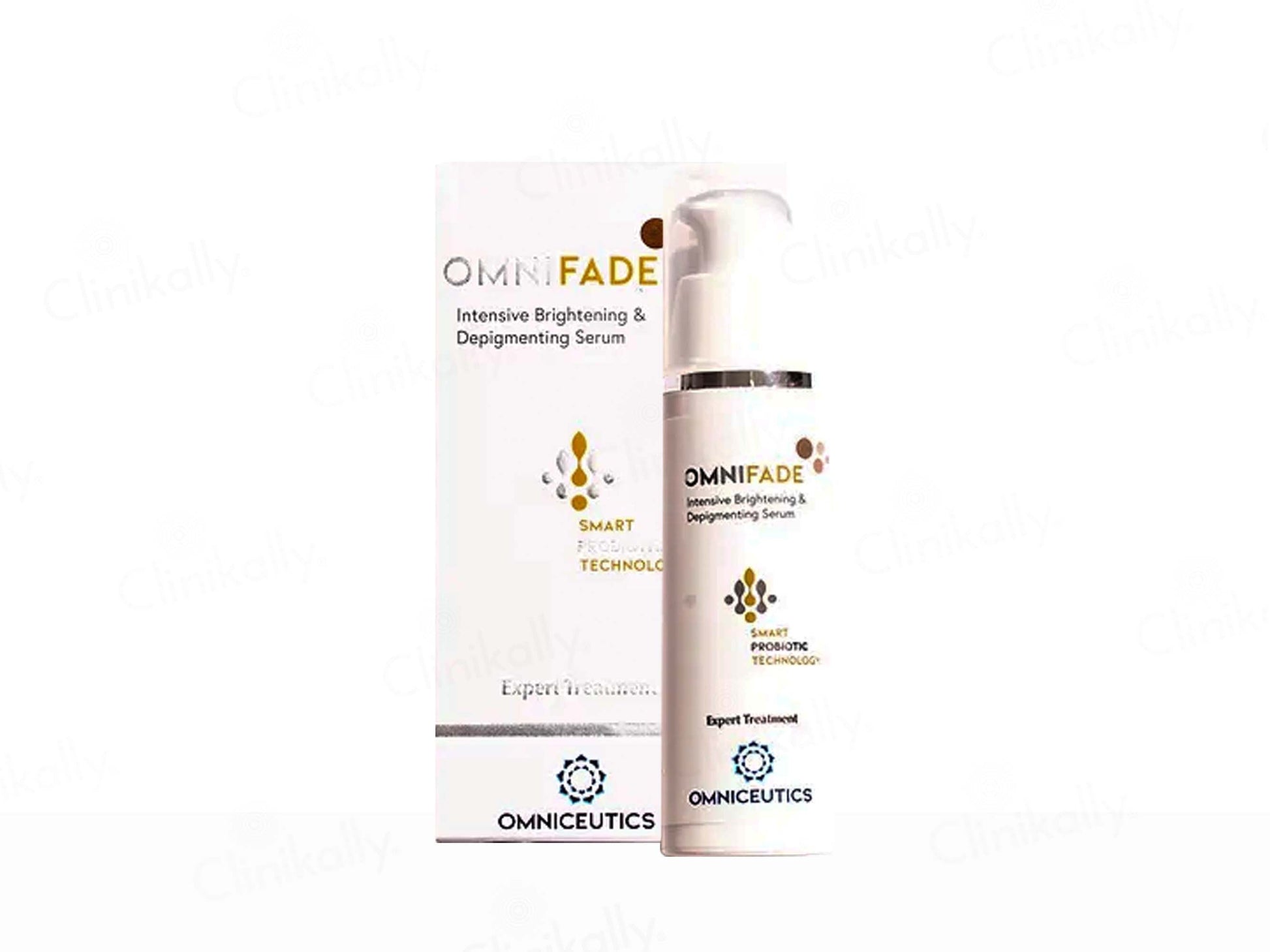 Omnifade intensive brightening and depigmenting serum with packaging on a white background