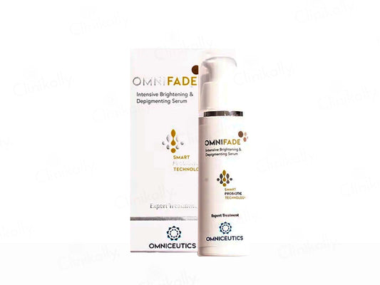 Omnifade intensive brightening and depigmenting serum with packaging on a white background