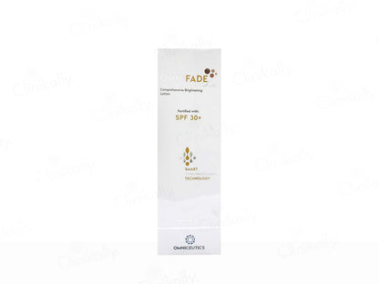 Cosmetic packaging labeled 'FADE' with SPF 30+ on a white background