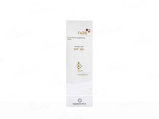 Cosmetic packaging labeled 'FADE' with SPF 30+ on a white background