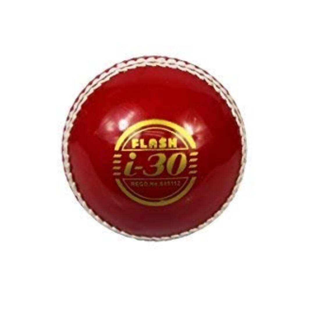 Red cricket ball with 'Flash i-30' branding on a white background