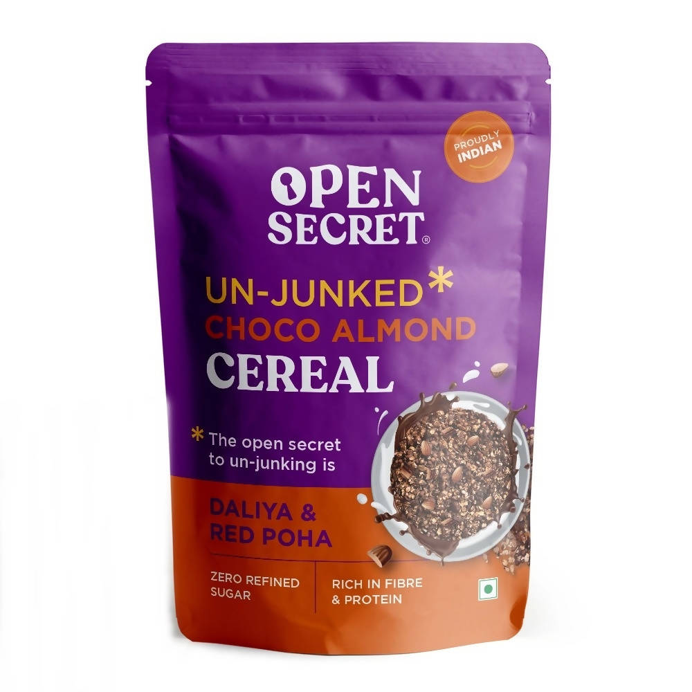 Purple and orange package of Open Secret Un-Junked Choco Almond Cereal on a white background