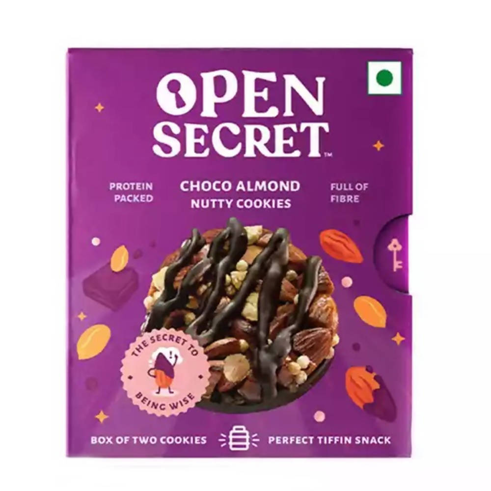 Purple packaging of Open Secret Choco Almond Nutty Cookies with a cookie image and text on a white background.