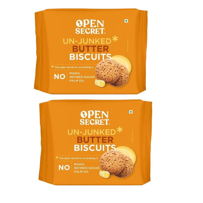 Two packages of Open Secret Un-Junked Butter Biscuits on a white background