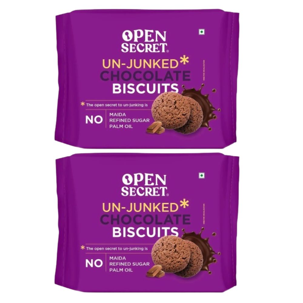 Two packages of Open Secret Un-Junked Chocolate Biscuits on a white background