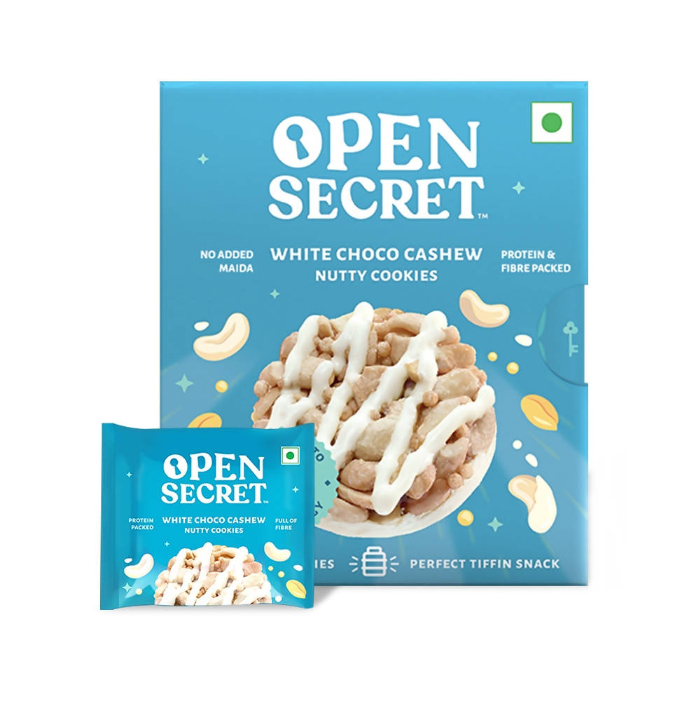 Open Secret white choco cashew nutty cookies packaging on a white background