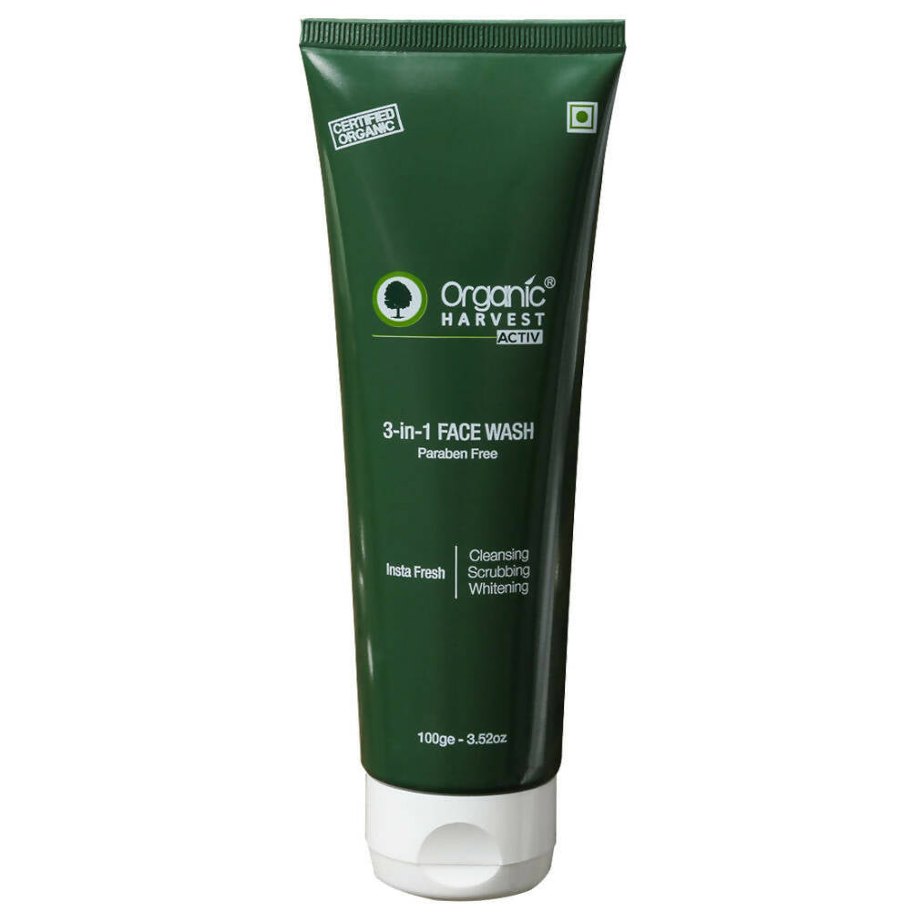 Green tube of Organic Harvest 3-in-1 Face Wash on a white background