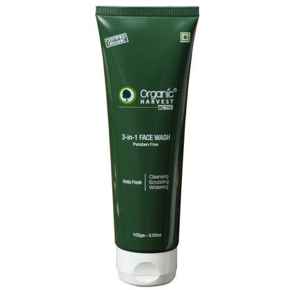 Green tube of Organic Harvest 3-in-1 Face Wash on a white background