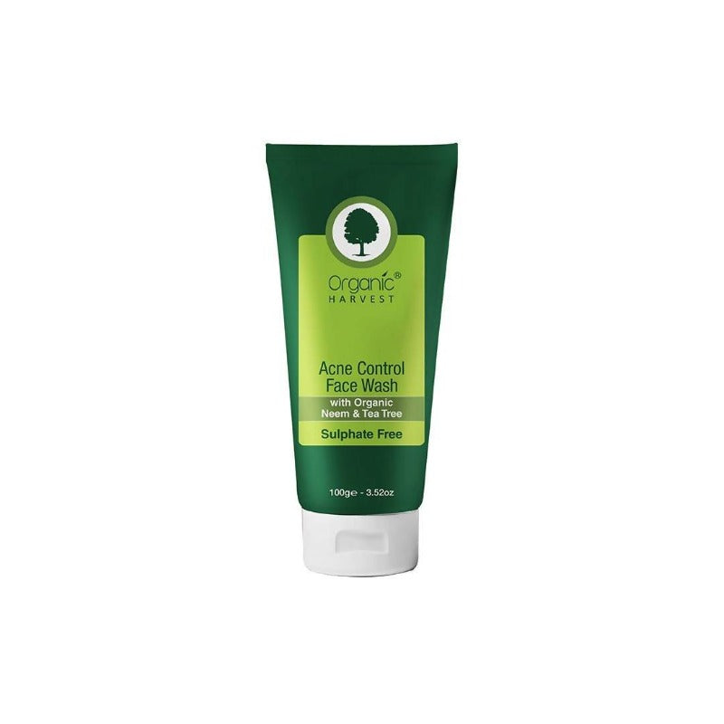 Green tube of Organic Harvest Acne Control Face Wash on a white background