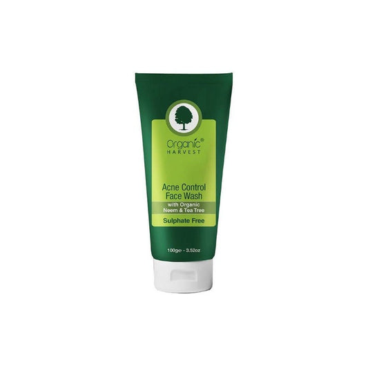 Green tube of Organic Harvest Acne Control Face Wash on a white background