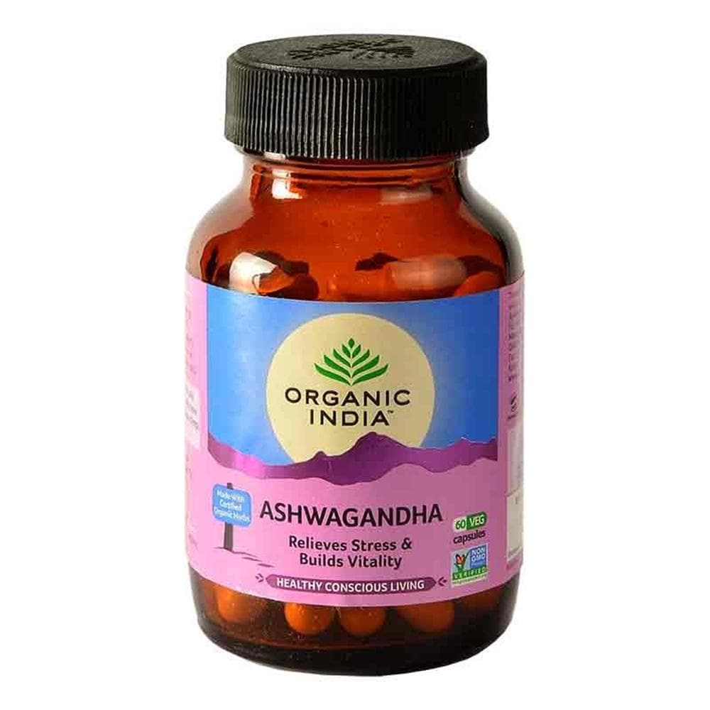 Bottle of Organic India Ashwagandha supplement on a white background