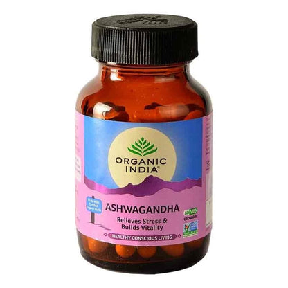 Bottle of Organic India Ashwagandha supplement on a white background