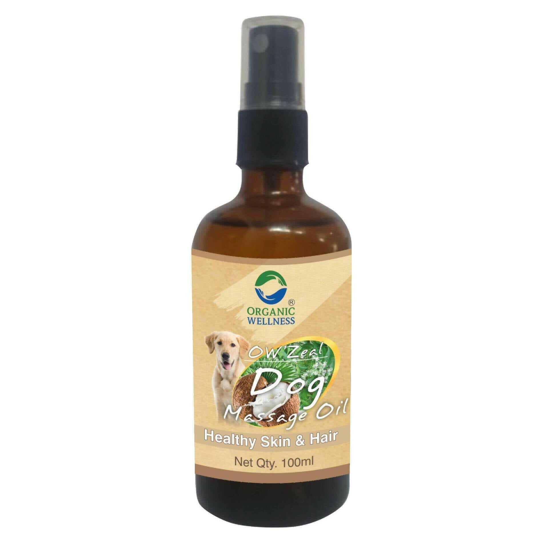 Bottle of Organic Wellness dog massage oil on a white background