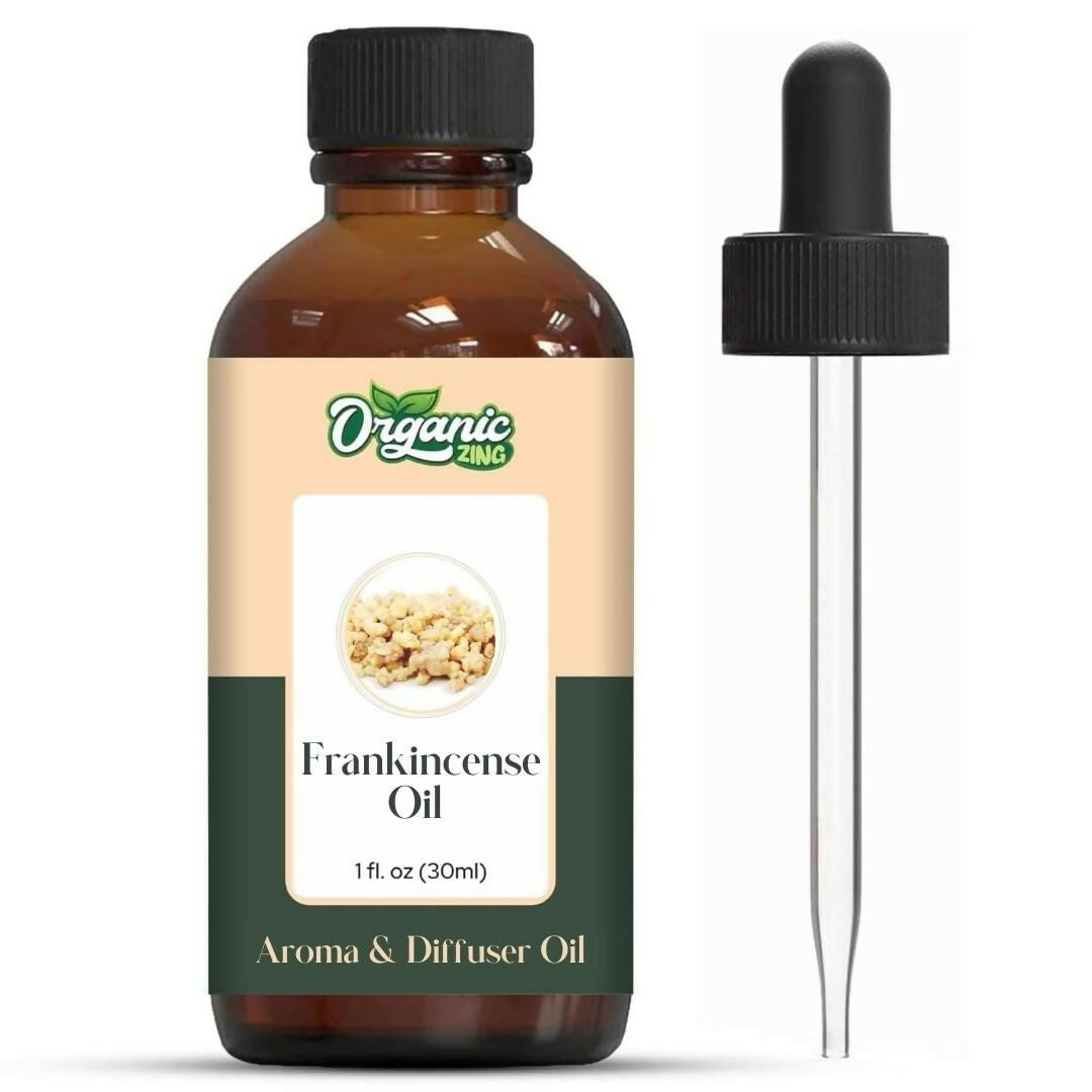 Frankincense oil bottle with dropper on a white background