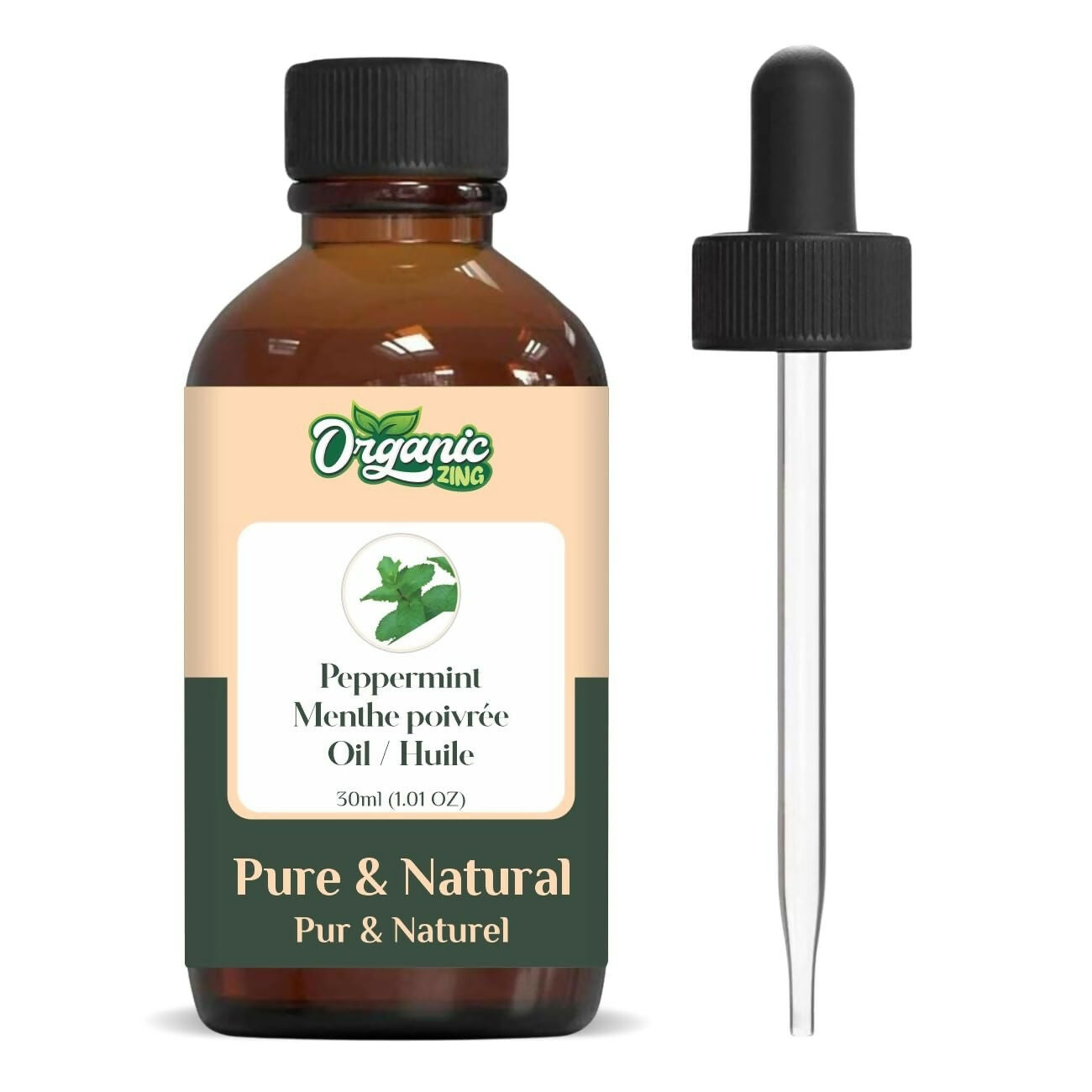 Bottle of peppermint oil with dropper on a white background
