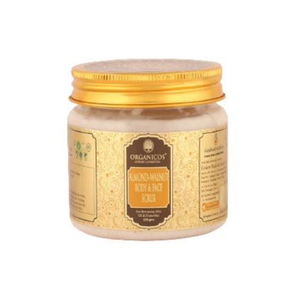 Jar of Organicos body and face scrub with gold lid on a white background