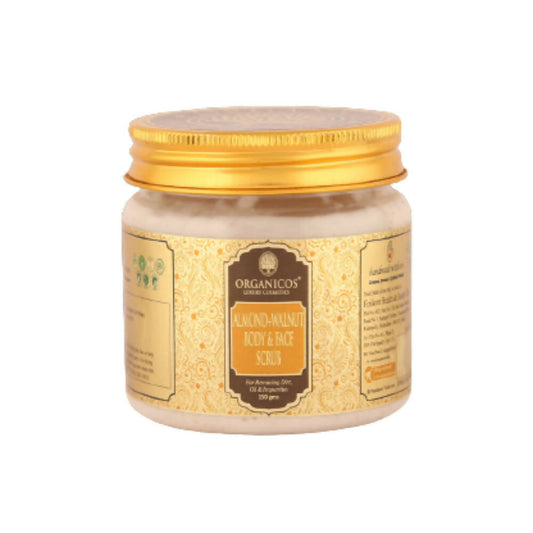 Jar of Organicos body and face scrub with gold lid on a white background