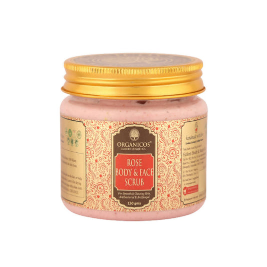 Jar of Organicos Rose Body & Face Scrub with gold lid on a white background