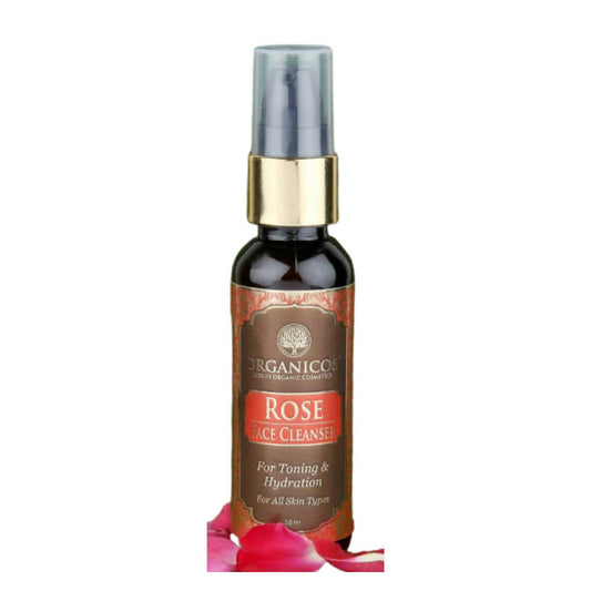 Organicos Rose Face Cleanser bottle with gold cap on a white background