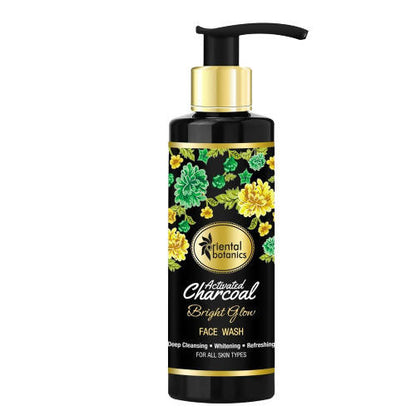 Oriental Botanics Activated Charcoal Bright Glow Face Wash bottle with floral design on a white background