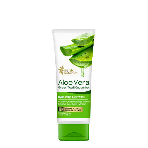 Tube of aloe vera face wash with green tea and cucumber on a white background