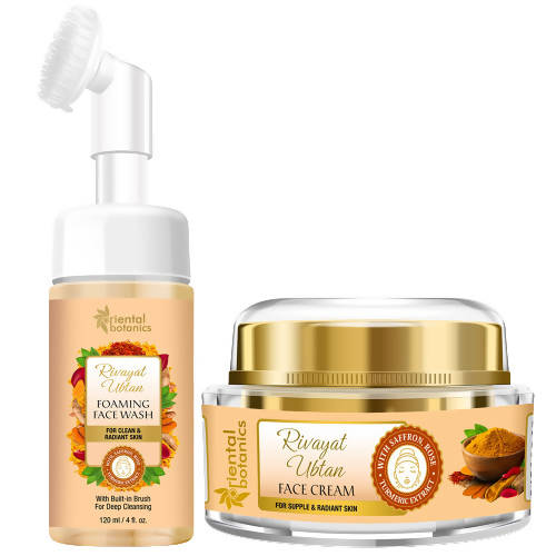 Oriental Botanics Rivayat Ubhav foaming face wash and face cream set on a white background
