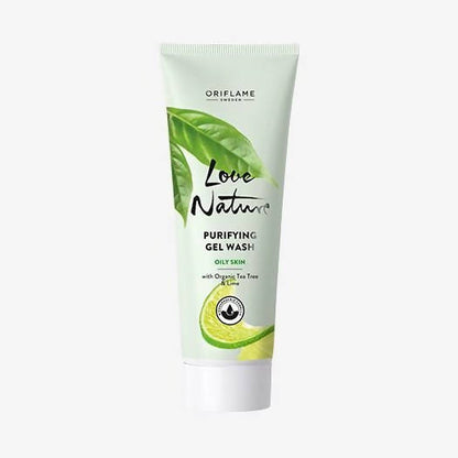 Tube of Love Nature Purifying Gel Wash with green leaf and lime design on a white background