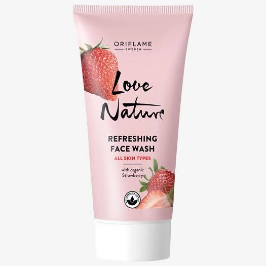 Oriflame Love Nature refreshing face wash tube with strawberry design on a white background